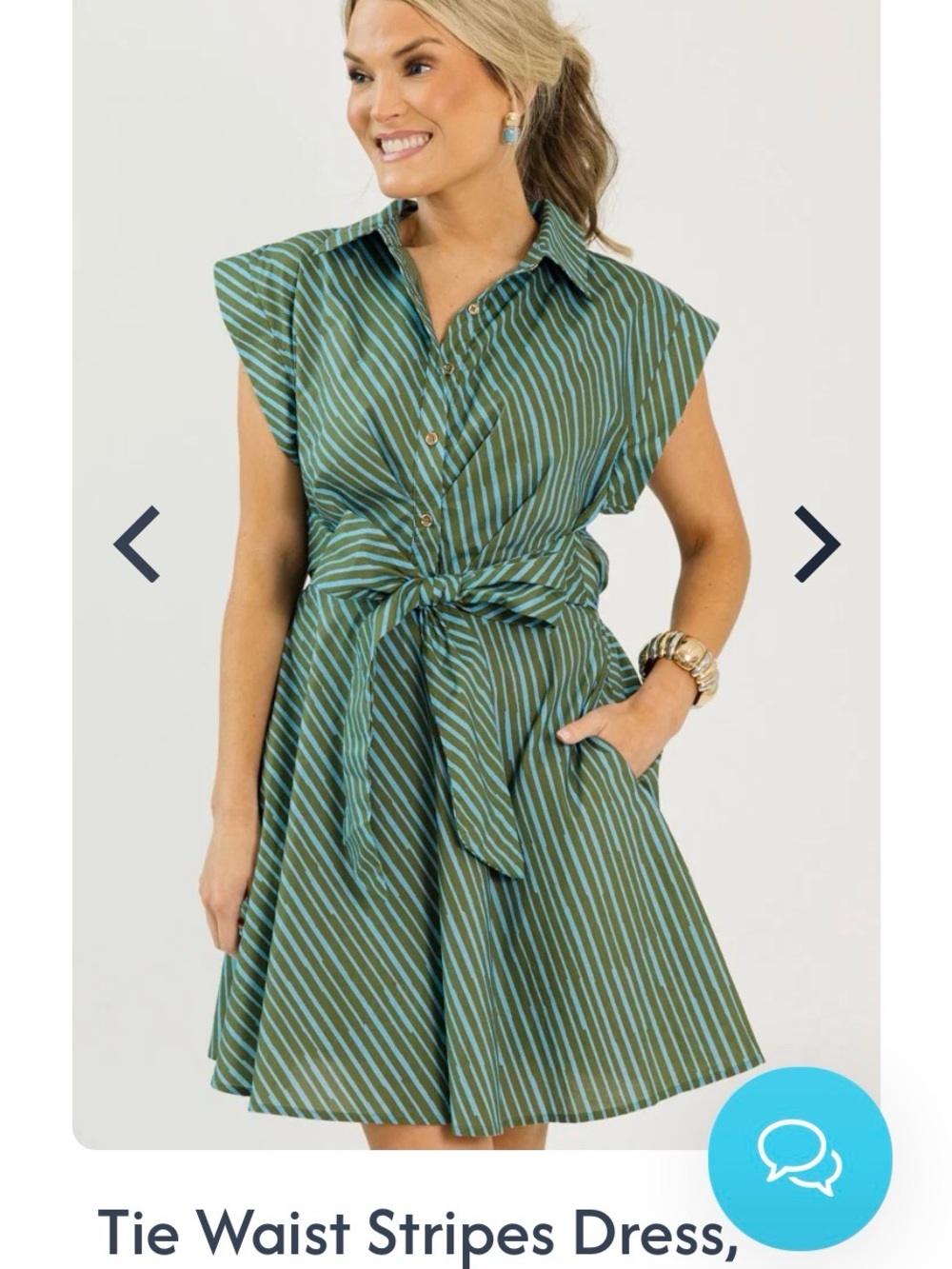 entro Green and Teal Striped Tie-Waist Shirt Dress